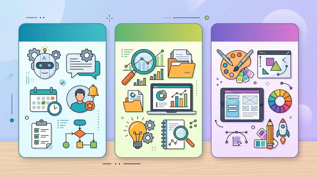 Visual toolkit showing three beginner AI tool categories: assistant, research, and design