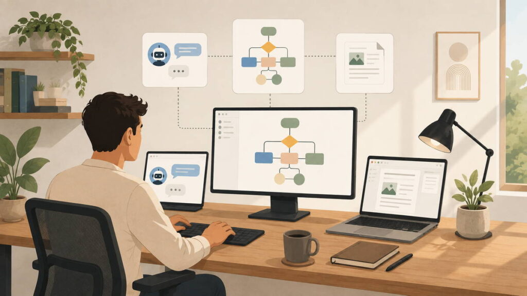 Freelancer's desk setup showing AI writing, automation, and document tools connected in one workflow