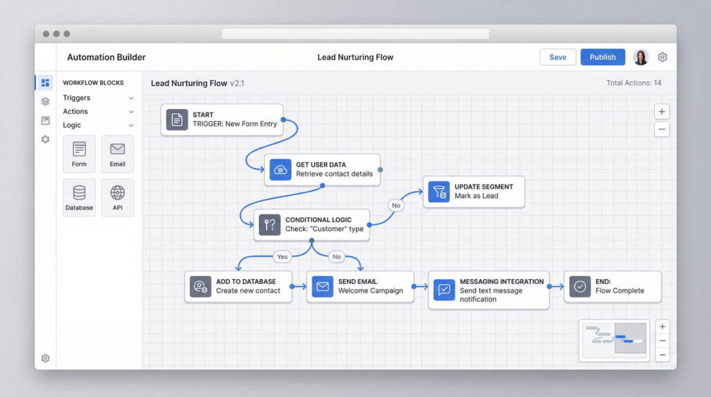 Screenshot of a no-code automation builder showing a lead nurturing workflow: a form trigger, a conditional logic check on customer type, and connected actions for database entry, email, and messaging.