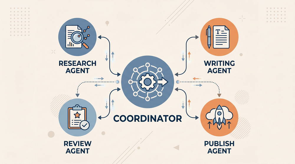 Diagram of a coordinator agent delegating tasks to four specialized AI agents in a multi-agent system
