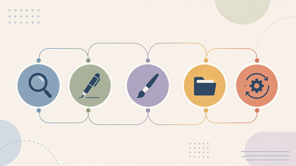 Diagram showing five core roles in an AI-powered solopreneur workflow: research, writing, design, organization, and automation