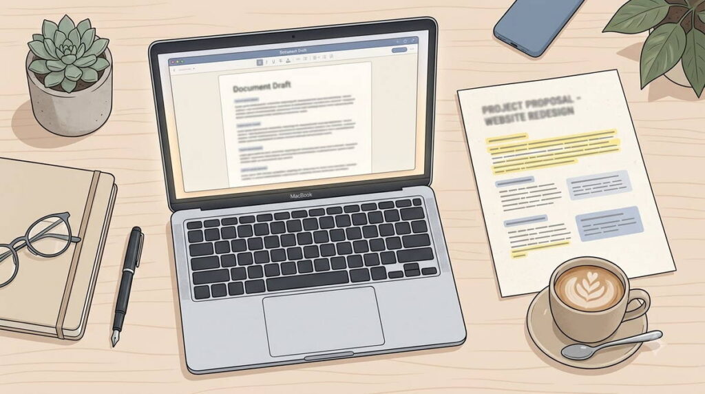 Freelancer reviewing an AI-drafted client proposal on a laptop