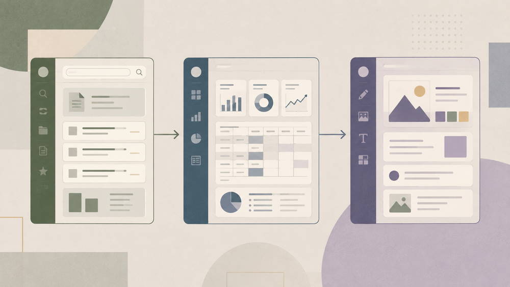 Three abstract dashboard panels representing different multi-agent AI orchestration tools